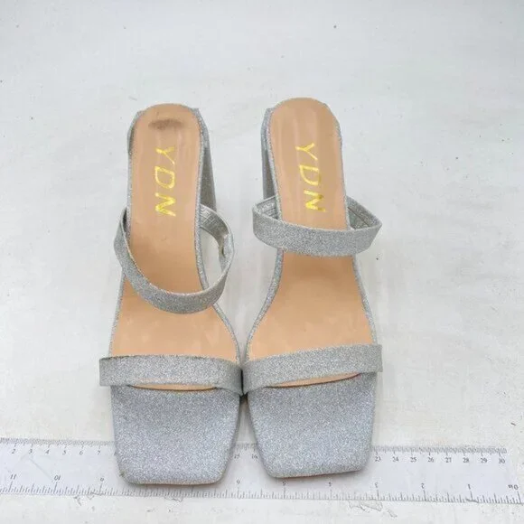 YDN Silver Glitter Open Square Toe Mules Block Heel Double Straps Sandals - Picture 3 of 8